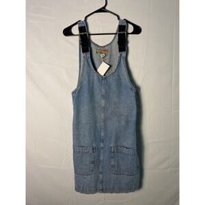 Vintage Y2K 90s Kalifornia Blue Denim Apron Dress Front Pockets Medium Grunge